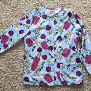 Light Blue Womens Shell & Starfish Print Scrub Jacket